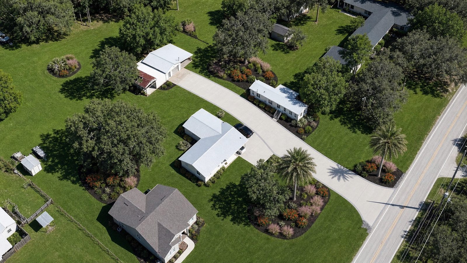 Aerial 3D rendering of homes with new landscaping