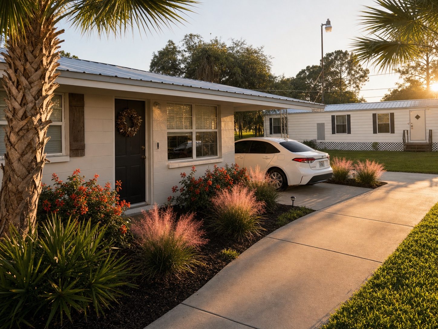 3D rendering of a residential front bed at dusk with muhly grass
