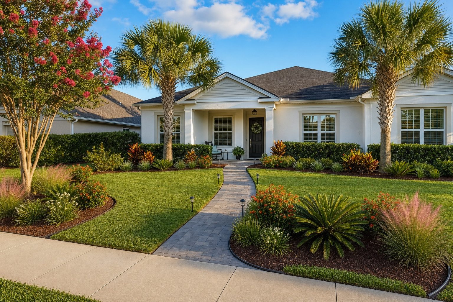 3D rendering of a stucco home with palm trees and walkway